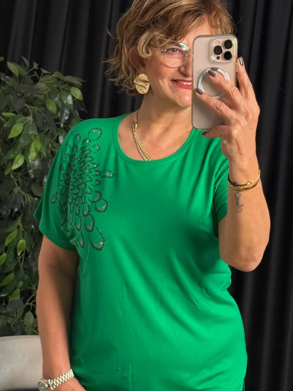 Yeşil Yuvarlak Yaka Taşlı Kısa Kol Bluz 25Y6023
