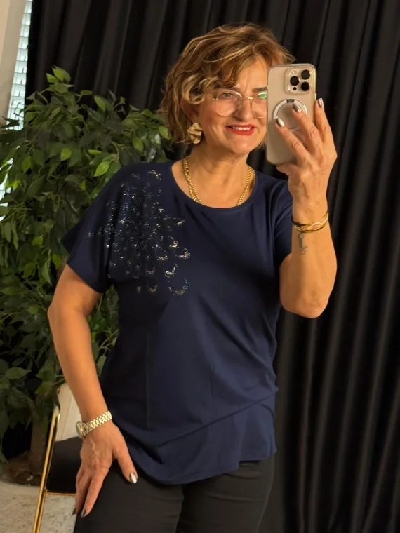 Lacivert Yuvarlak Yaka Taşlı Kısa Kol Bluz 25Y6023