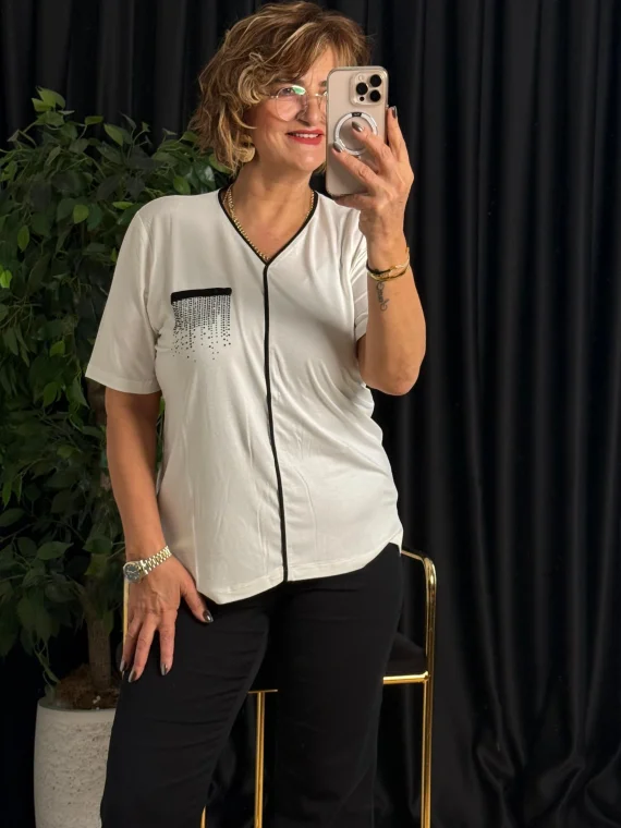 Ekru V Yaka Şeritli Kısa Kol Bluz 25Y6009