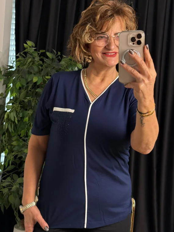 Lacivert V Yaka Şeritli Kısa Kol Bluz 25Y6009