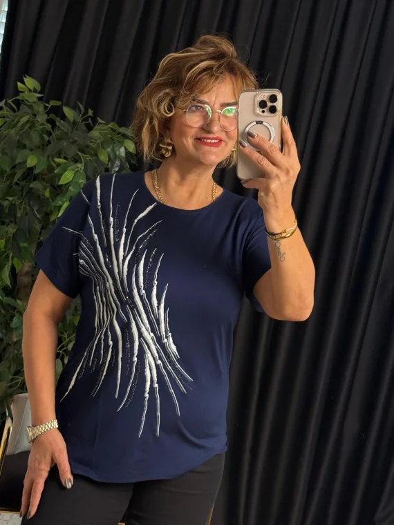 Lacivert Yuvarlak Yaka Taşlı Kısa Kol Bluz 25Y6025