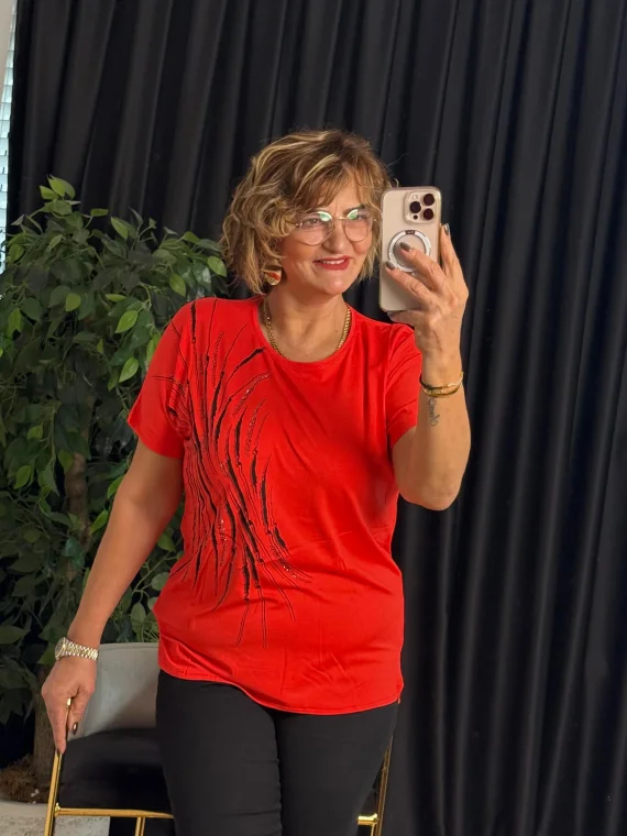 Nar Çiçeği Yuvarlak Yaka Taşlı Kısa Kol Bluz 25Y6025