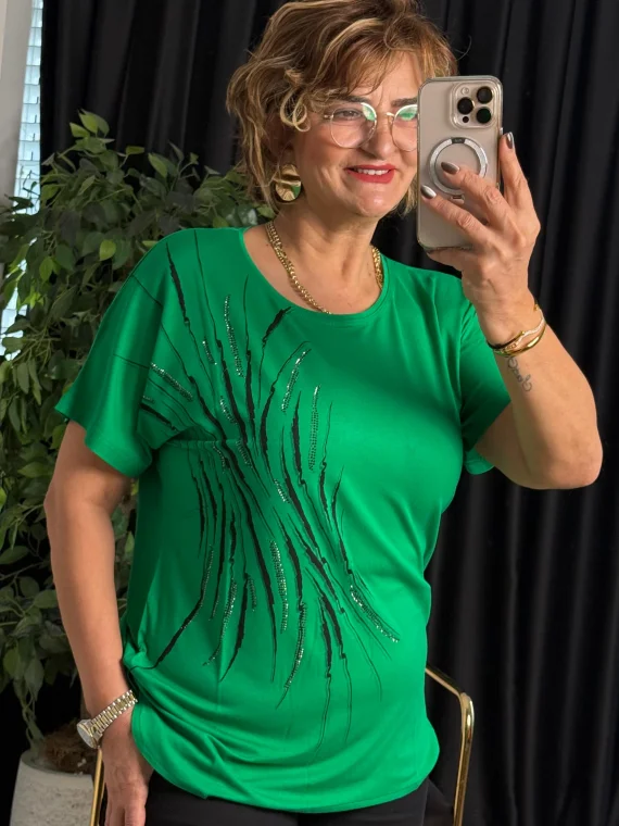 Yeşil Yuvarlak Yaka Taşlı Kısa Kol Bluz 25Y6025