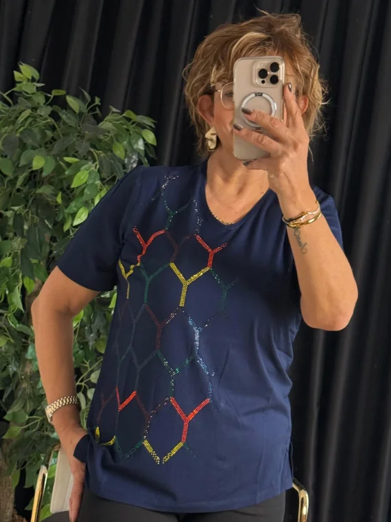 Lacivert V Yaka Taşlı Kısa Kol Bluz 25Y6001