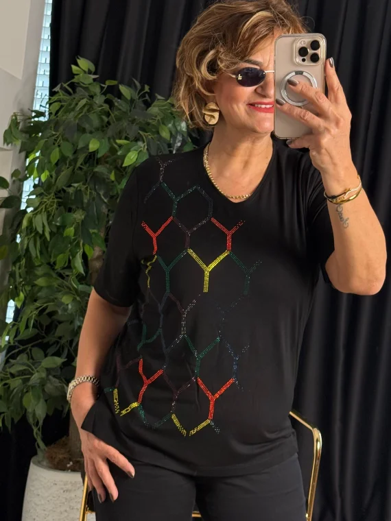 Siyah V Yaka Taşlı Kısa Kol Bluz 25Y6001