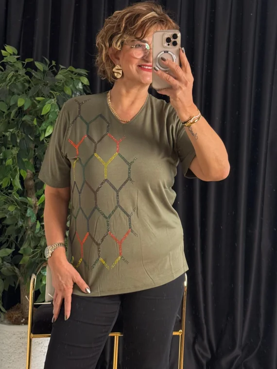 Haki V Yaka Taşlı Kısa Kol Bluz 25Y6001