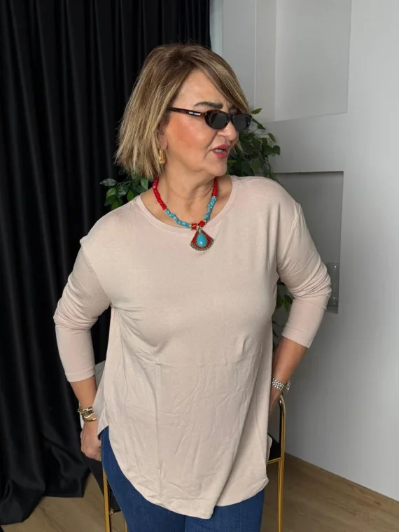 Taş Rengi Bisiklet Yaka Uzun Kollu Bluz 20726