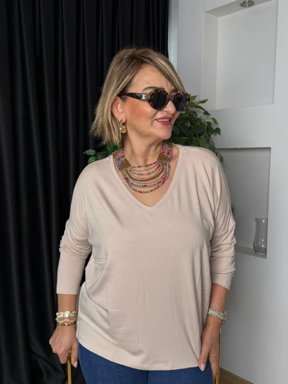 Taş Rengi V Yaka Uzun Kollu Bluz 20725