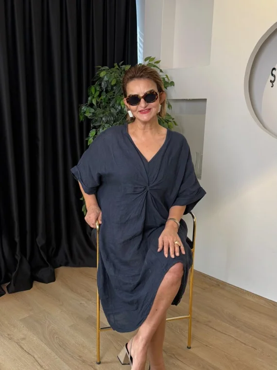 Lacivert Düz Desen Büzgülü Keten Elbise 71855