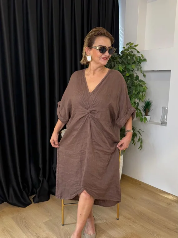 Kahverengi Düz Desen Büzgülü Keten Elbise 71855