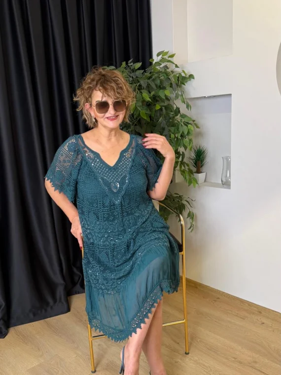 Zümrüt Yeşil V Yaka Elbise 11534