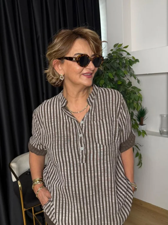 Kahve Çizgi Desenli Bluz 15455-26