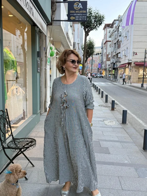 Antrasit Çizgili Gofreli Elbise AN10754