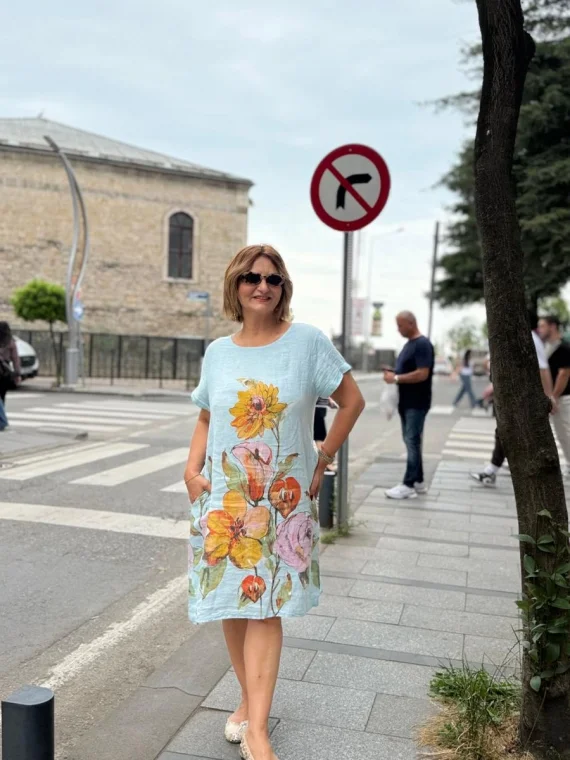 Bebe Mavisi Kısa Kol Keten Elbise 06820
