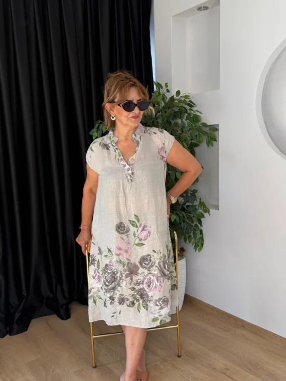 Bej Gül Desen Sıfır Kol Keten Elbise 30383