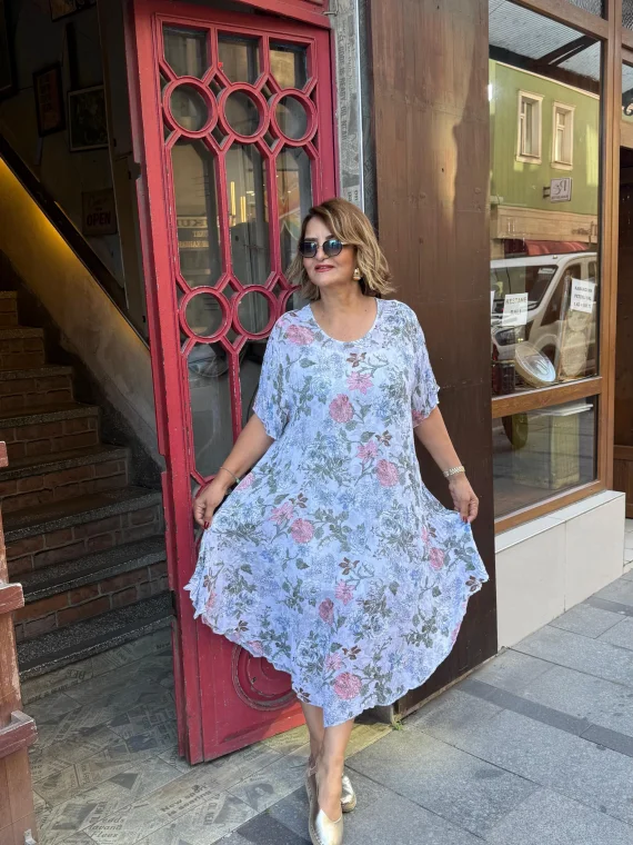 Beyaz Gül Desen Elbise 6611