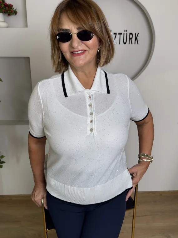 Beyaz Polo Yaka Düğmeli Triko Kazak B-84013