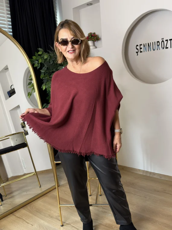 Bordo Düz Saçak Detay Triko Bluz 10161