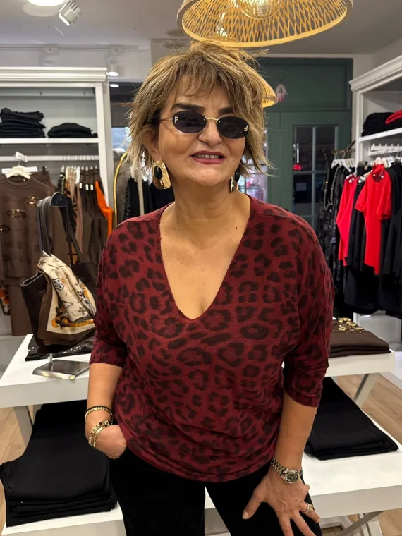 Bordo Leoparlı Triko Kazak 6266