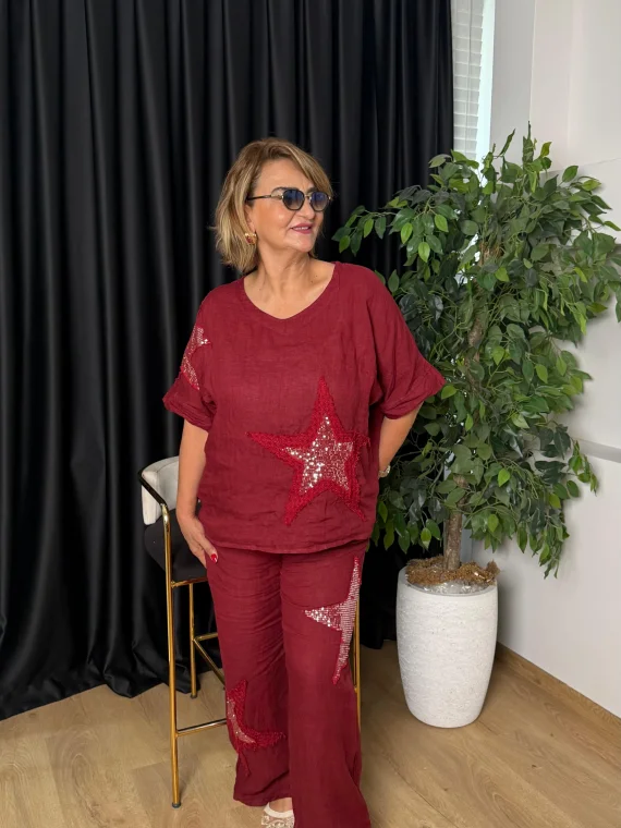 Bordo Pul Detaylı Keten Takım 25577