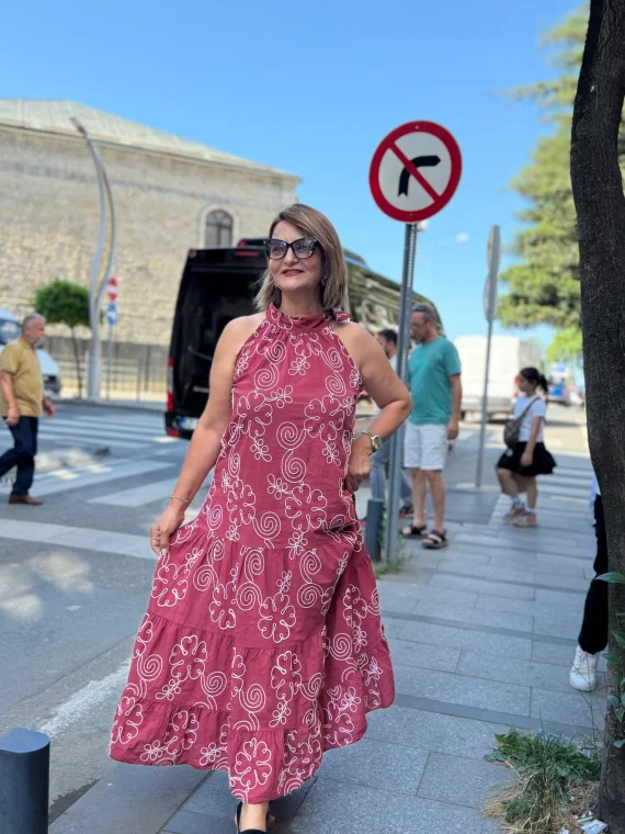 Bordo Rafya Desen Sıfır Kol Elbise 72319