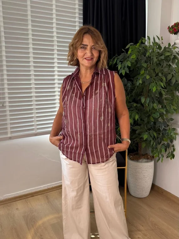 Bordo Taşlı Organze Yarım Kol Gömlek 2620