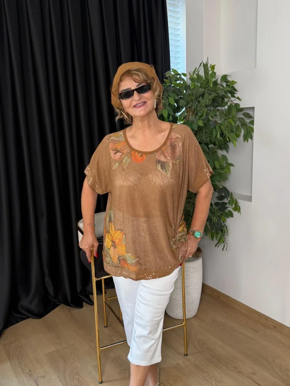 Camel Desenli Şallı Bluz LDV
