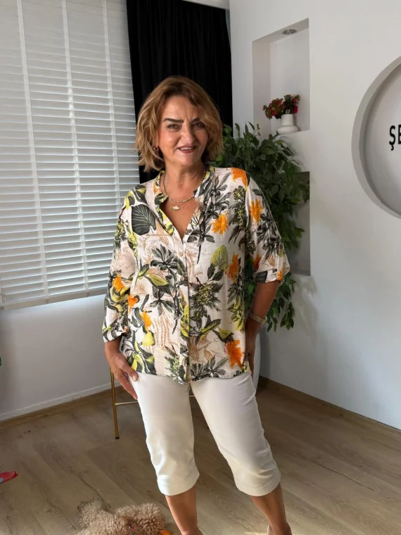 Ekru Çiçek Desenli Flamlı Bluz 5197