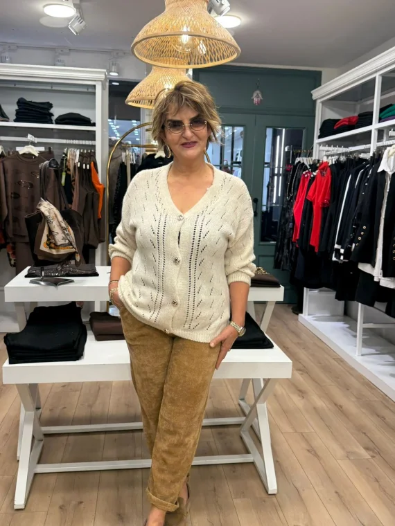 Ekru Düğmeli Örme Hırka Y2298