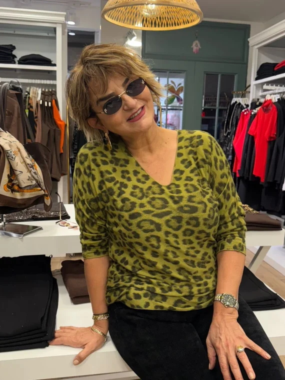 Fıstık Yeşil Leoparlı Triko Kazak 6266