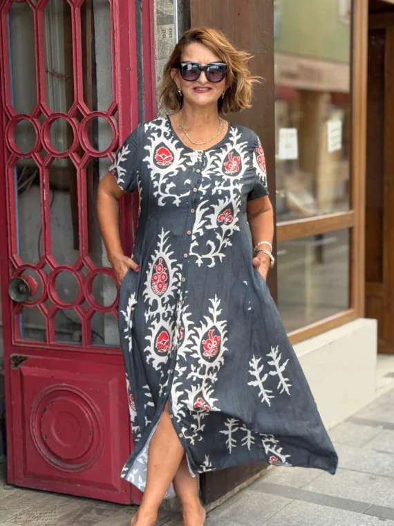 Füme Desenli Düğmeli Elbise BY127