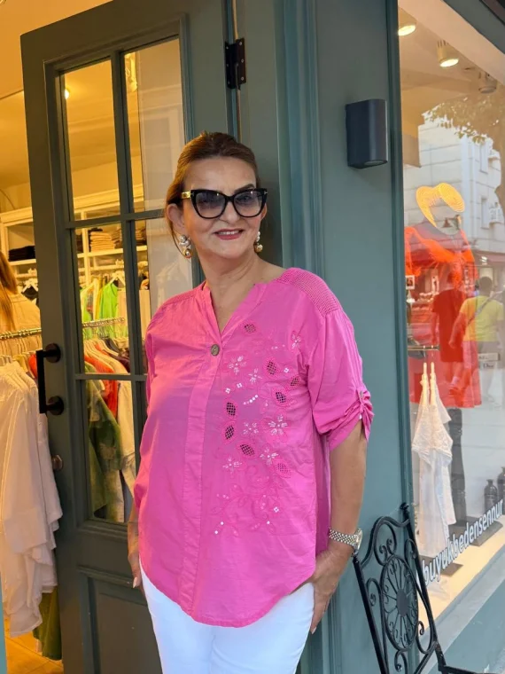 Fuşya Nakışlı Pullu Pamuk Bluz Y9682