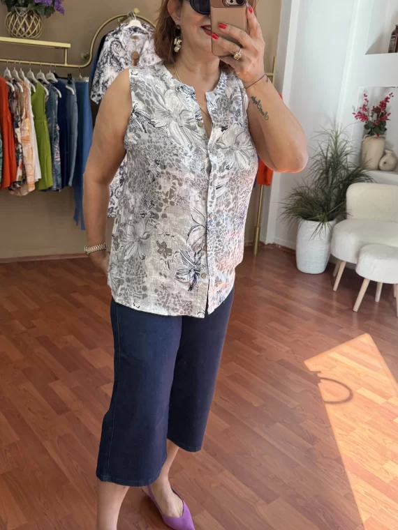 Gri Desenli Kolsuz Bluz 0072