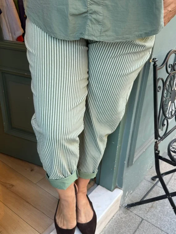 Haki Çizgili Kemerli Pantolon 242975
