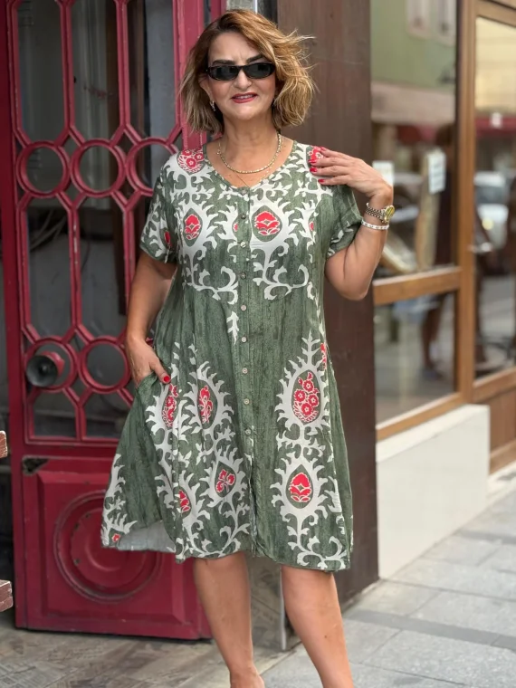 Haki Desenli Düğmeli Elbise BY181