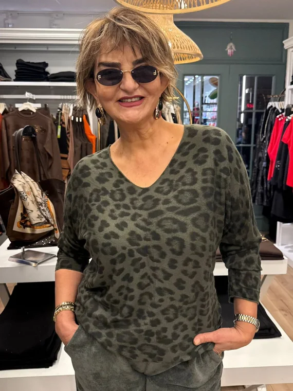 Haki Leoparlı Triko Kazak 6266