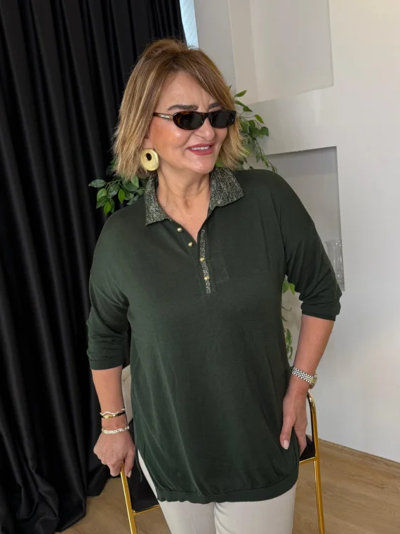 Haki Polo Yaka Simli Bluz 1311