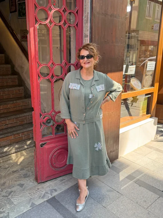 Haki Pul Detaylı Elbise Takım Y5039
