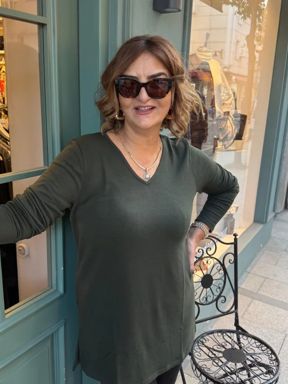 Haki V Yaka Yırtmaçlı Basıc Kazak 20513