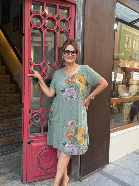 Haki Yapraklı Gül Desen Pamuklu Elbise 12957