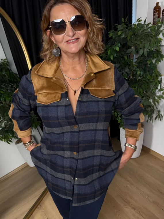 İndigo-Camel Ekose Desen Oduncu Gömlek 10326