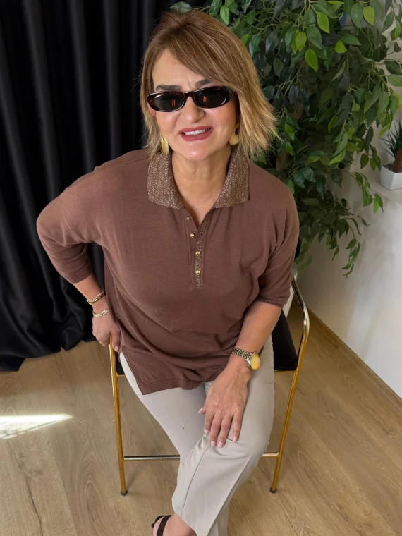 Kahve Polo Yaka Simli Bluz 1311