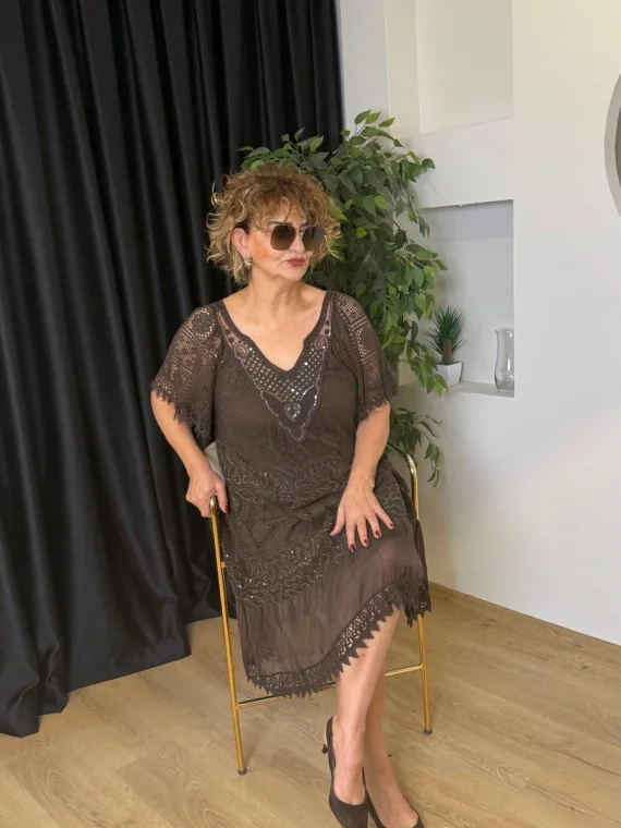 Kahve V Yaka Elbise 11534