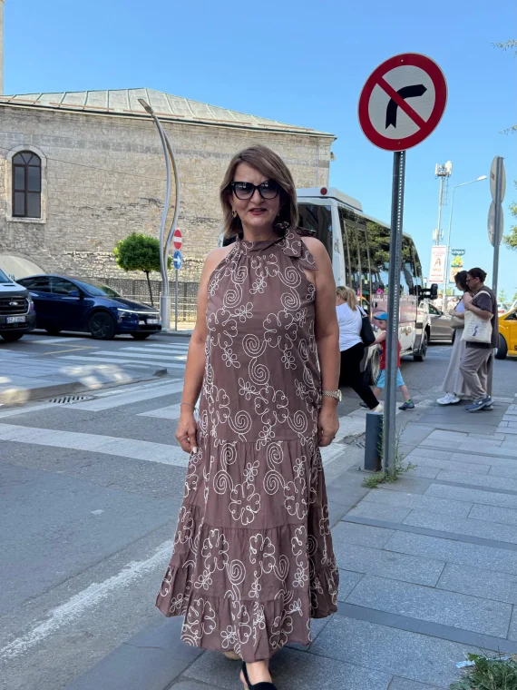 Kahverengi Rafya Desen Sıfır Kol Elbise 72319