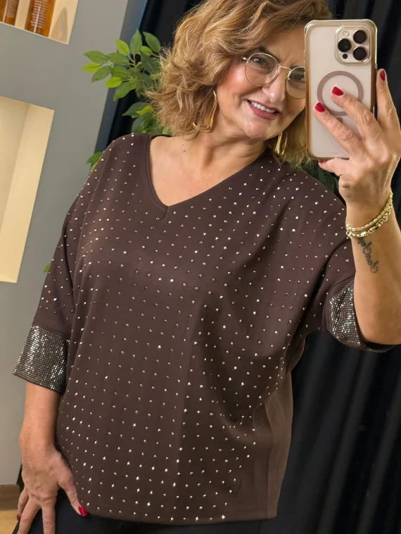 Kahverengi Taşlı V Yaka Bluz 000296-1