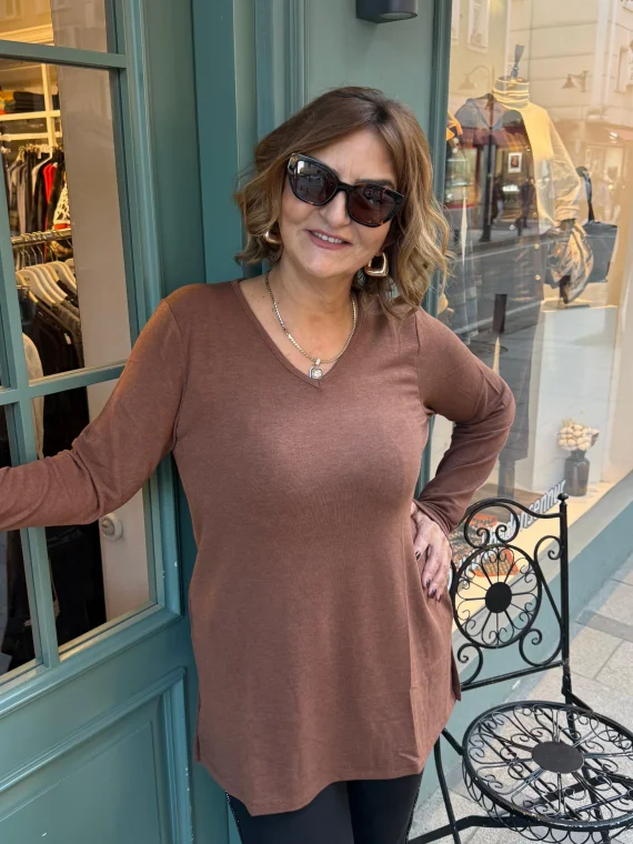 Kahverengi V Yaka Yırtmaçlı Basıc Kazak 20513