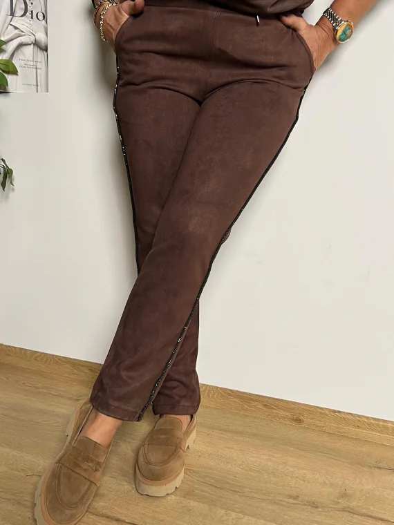 Kahverengi Yanı Taşlı Süet Pantolon LZA