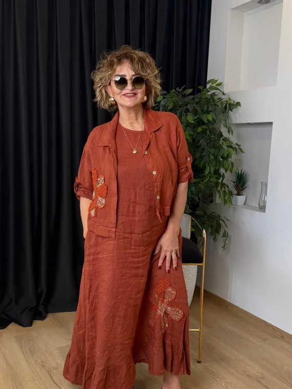 Kiremit Ceketli Keten Elbise LVD