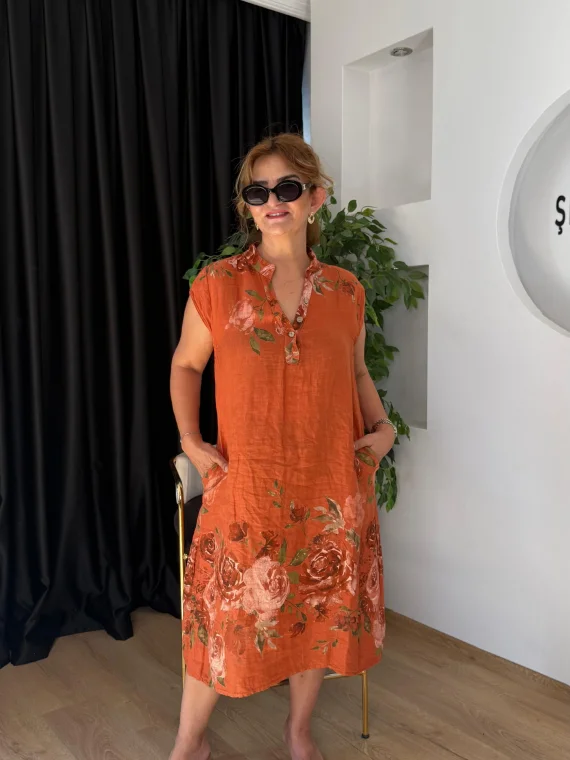 Kiremit Gül Desen Sıfır Kol Keten Elbise 30383