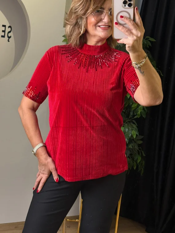 Kırmızı Kadife Bluz 9201